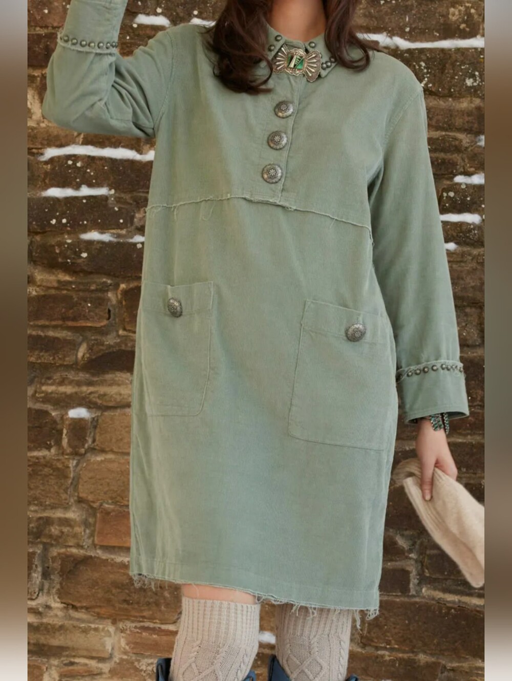 Double D Ranch Sage Stud-Trim Corduroy Mini Dress